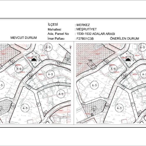 Meşrutiyet Mahallesi, 1530 ada 1 parsel ile 1532 ada 1 parsel arasında kalan tescil harici alana yönelik trafo alanı amaçlı 1/1000 ölçekli Uygulama İmar Planı Değişikliği