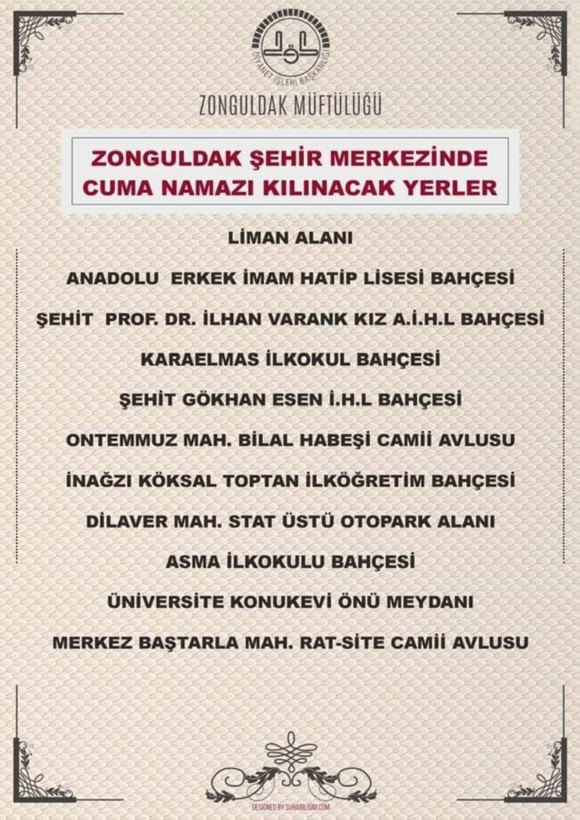 29/05/2020 Tarihinde Cuma Namazı Kılınabilecek Alanlar